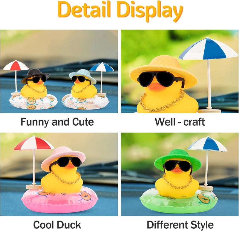 wonuu Rubber Duck Car Ornaments Duck Car Dashboard Decorations for Cute Car Accessories with Straw Hat Necklace Sun Umbrella and Sunglasses, Green - Image 4